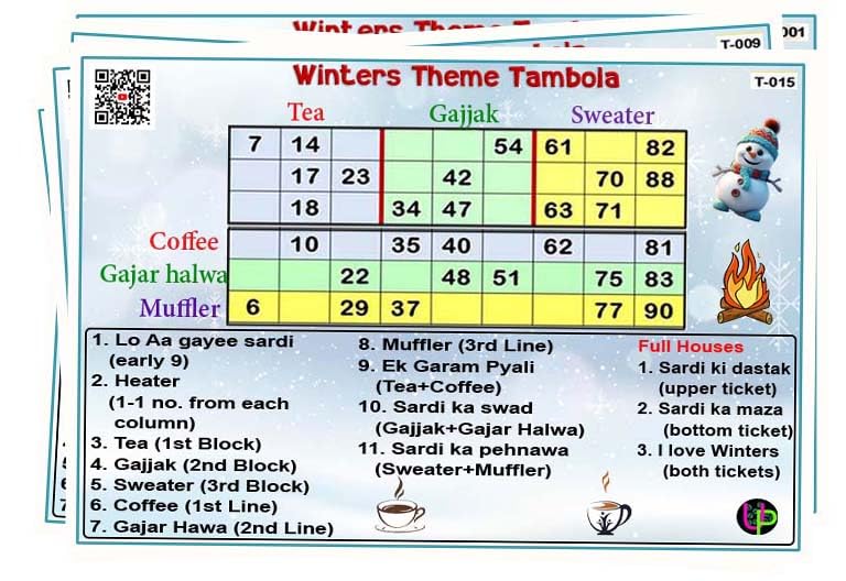 Image of Winter Tambola Tickets Board Game - Winter 2S Theme | English | Fun & Engaging Bingo Housie Game for Kitty Parties, Friends & Family Gatherings (Set of 15 Tickets)