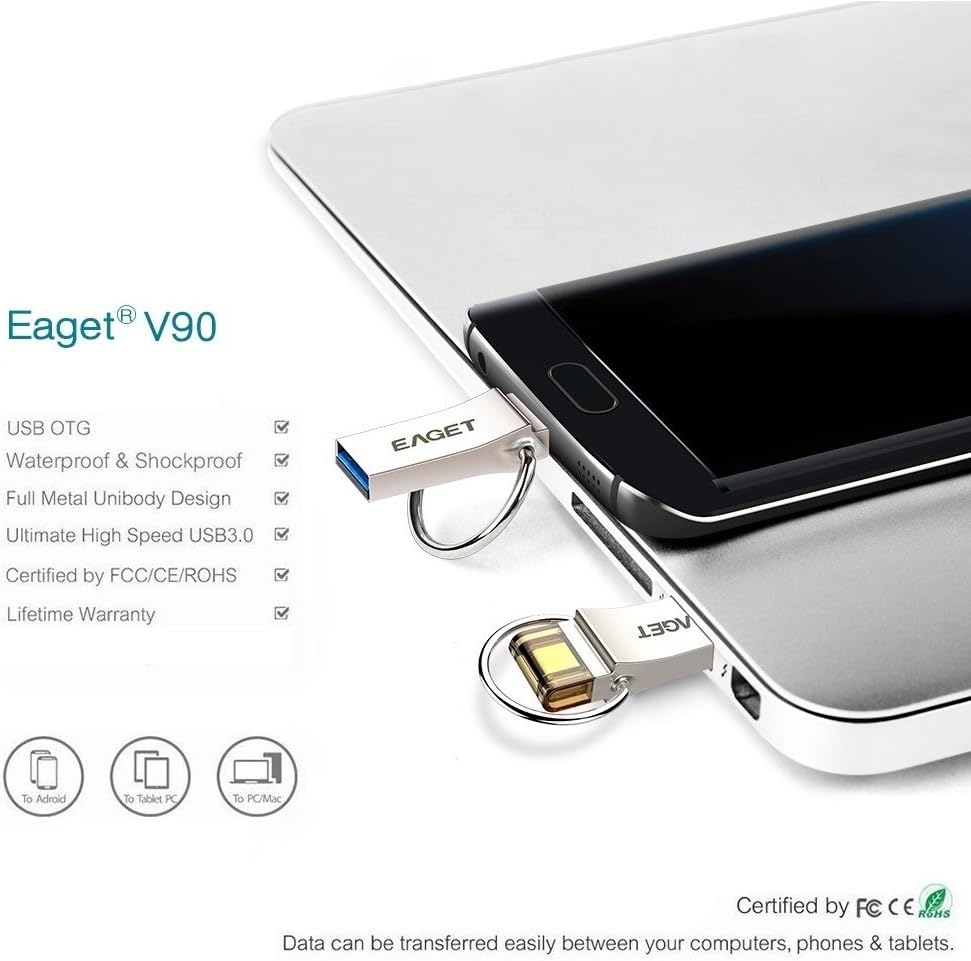 EAGET USB Flash Drive 32GB Keychain Android Thumb Drive Micro USB OTG Android Memory Stick Waterproof Shockproof V90