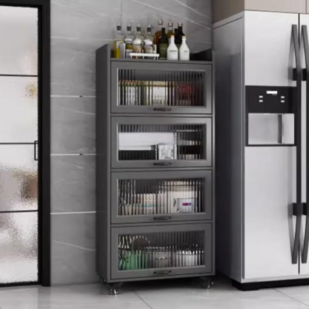Carrello portaoggetti sottile a 5 ripiani con ruote, porte in vetro temperato, salvaspazio, per cucina e bagno, 49,8 x 39,9 x 165,9 cm, grigio