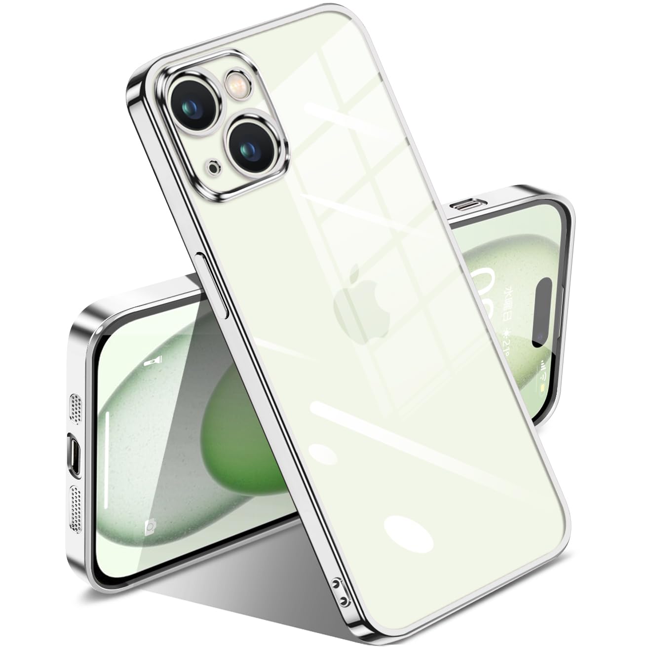 iPhone 15 Plus 用 ケース クリア 耐衝撃 アイフォン15 Plus カバー 透明 メッキ加工 完全な保護 黄変防止 落下防止 ファッション 薄型 軽量 TPU 柔らかい ワイヤレス充電 人気 保護カバー (シルバー)