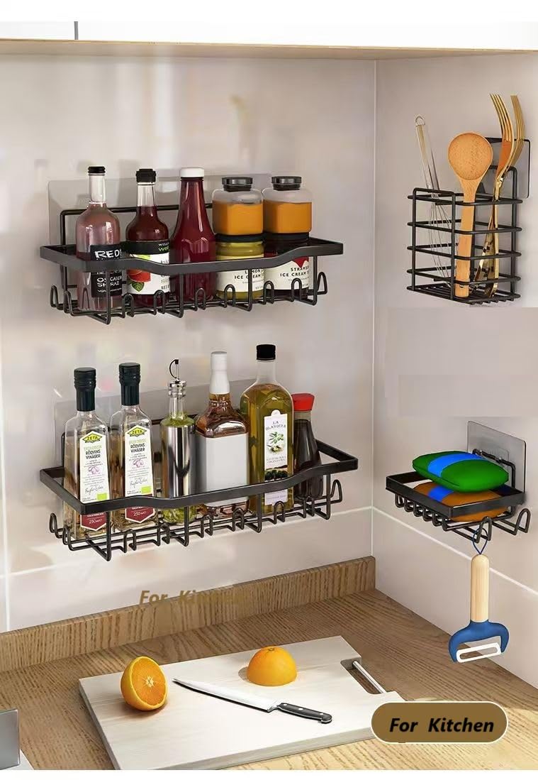 Adhesive Shower Caddy 4 Pack Rustproof Stainless Steel Bath Organizers With Large Capacity No Drilling Shelves for Bathroom