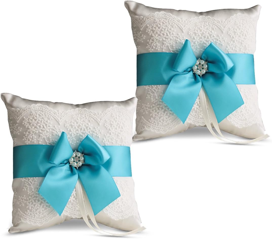 Ivory Ring Bearer Pillow and Basket Set | Lace Collection | Flower Girl & Welcome Basket for Guest | Handmade Wedding Baskets & Pillows (Turquoise)