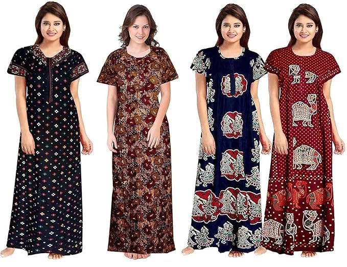 Pack of 4 Cotton Printed Maxi Nighties for Women - Ankle-Length, Free Size, Stylish Night Gown-image-15