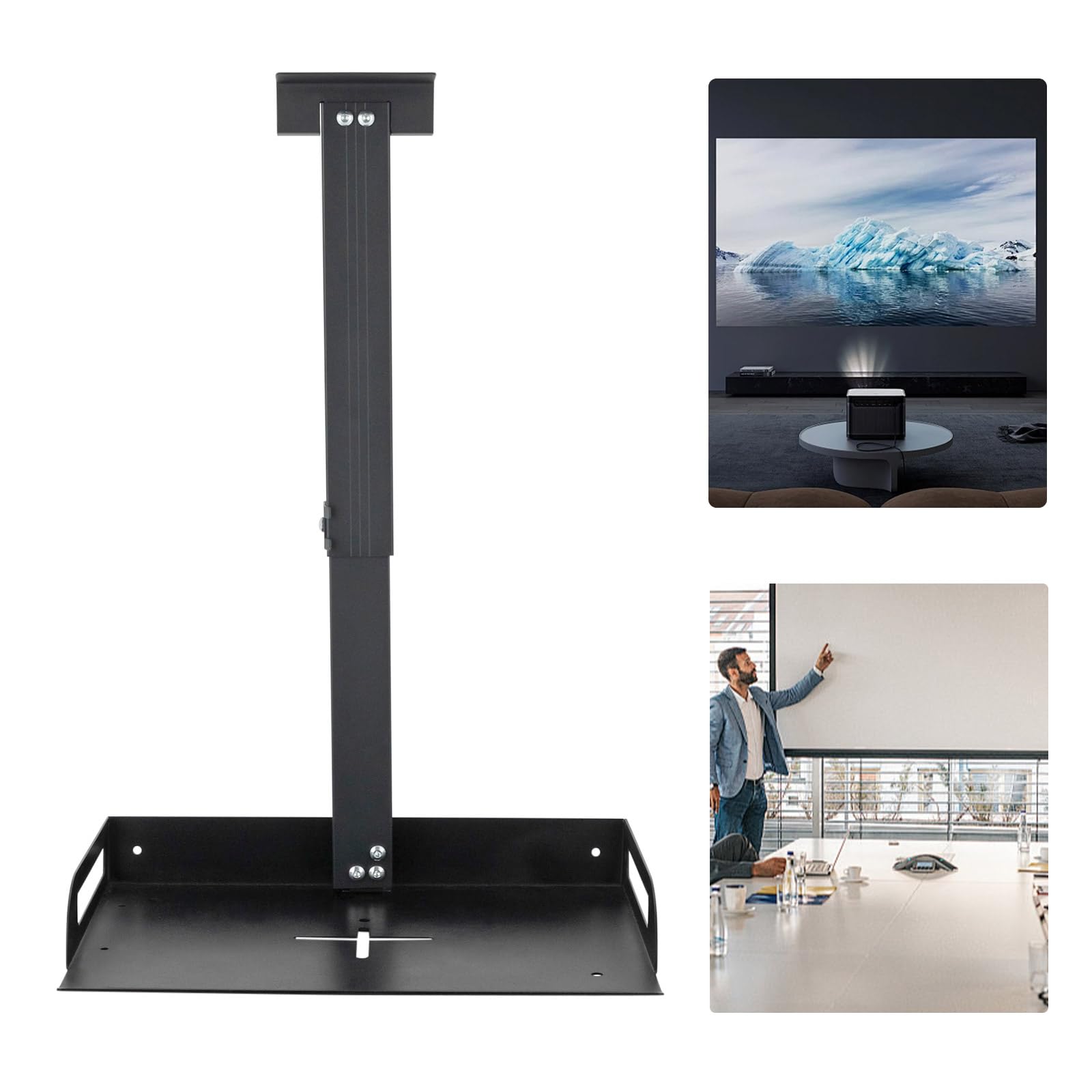 Supporto universale per proiettore da soffitto con vassoio 35 x 22 cm, altezza regolabile 34 – 56 cm, portata fino a 14 kg, supporto per proiettore con guardrail (nero)