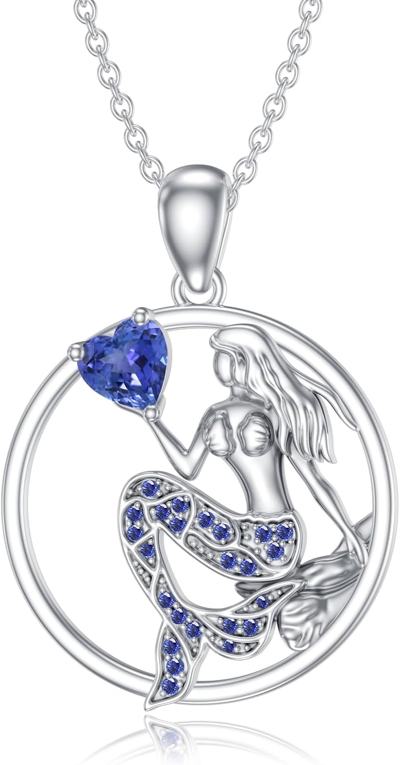 Mermaid Necklace 925 Sterling Silver Sea Mermaid Pendant London Blue Topaz Pendant Necklace Ocean Topaz Jewelry for Women Daughter