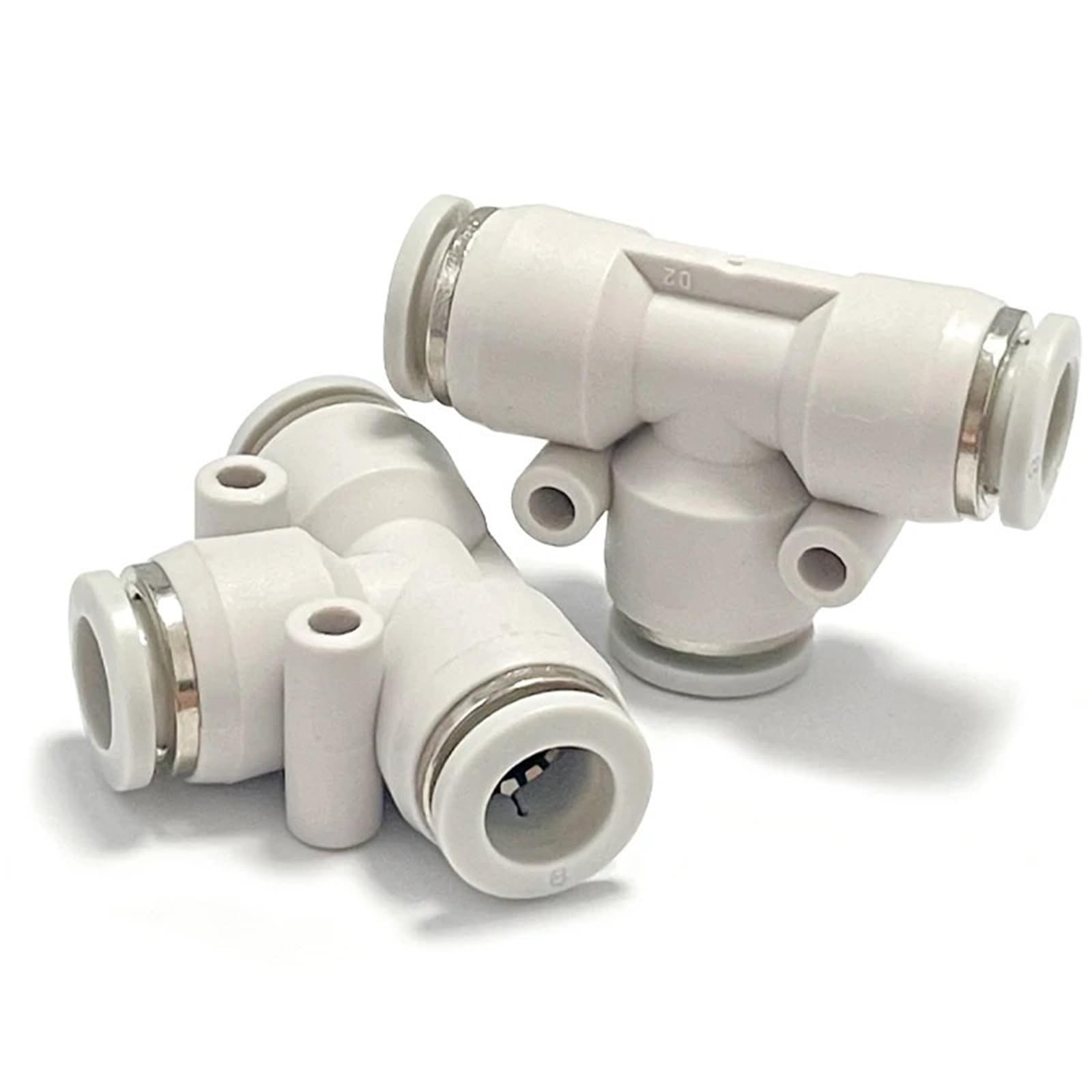 Conector neumático de tres vías PE16 con sistema de inserción a presión para tubo blanco