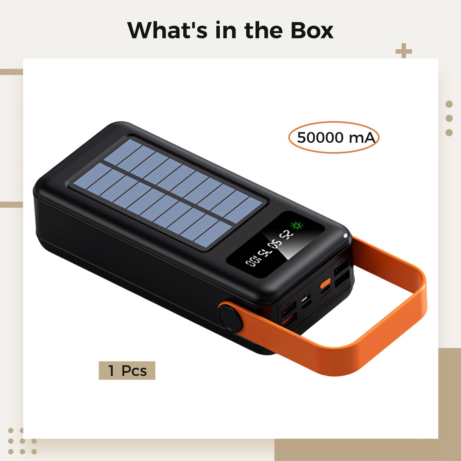 Batteria solare da 60000 mAh con luce LED, power bank portatile, ad alta capacità con cavo integrato, porte di ricarica multiple, per avventure all'aperto