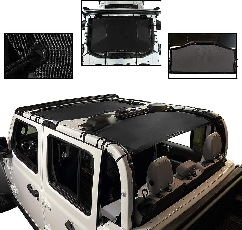Shadeidea JT Sun Shade Top Sunshade Compatible with Jeep Gladiator Top Shade Mesh Screen Roof Cover (2018-2023)- Wind Noise UV Blocker with GrabBag Pouch -10 Year Warranty- Black -Front+Rear (2 Pcs)