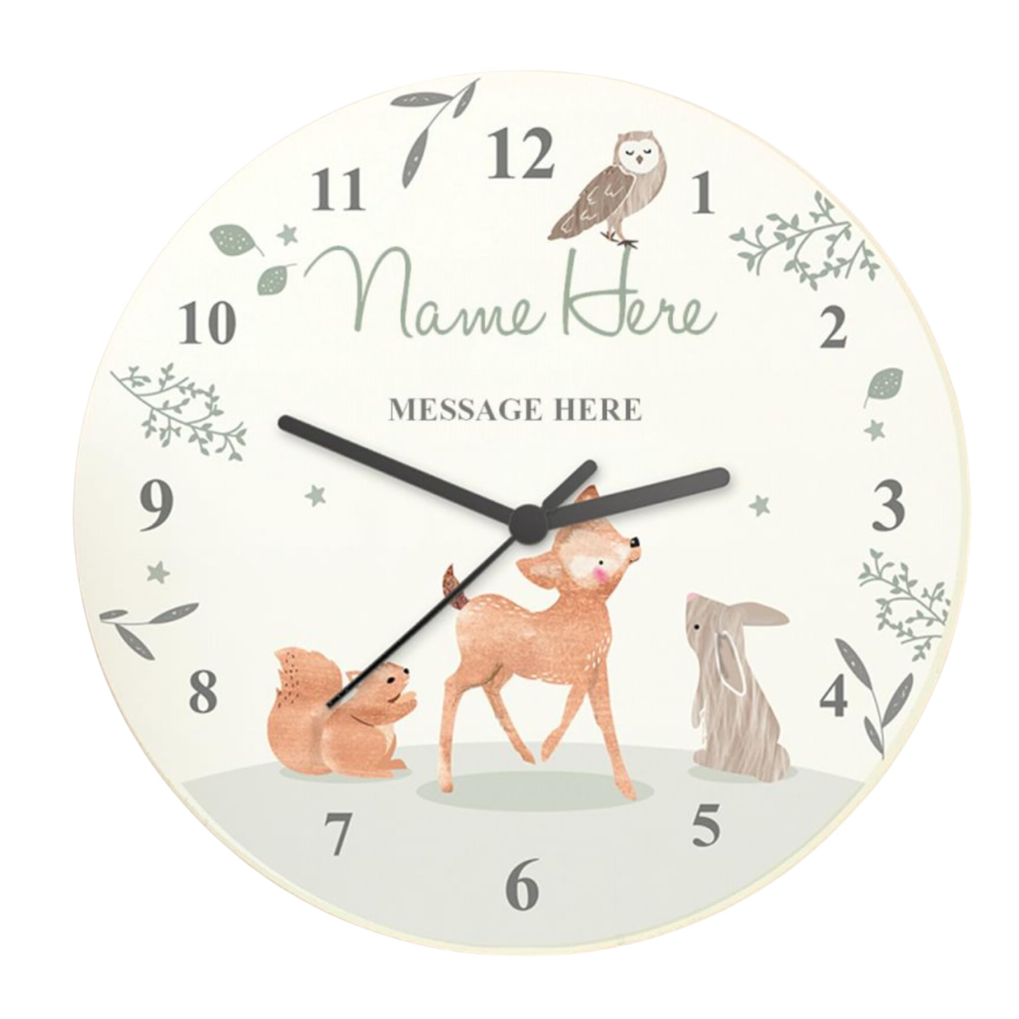 Caleli Gifts Grey Personalised Woodland Animals Wooden Nursery Clock
