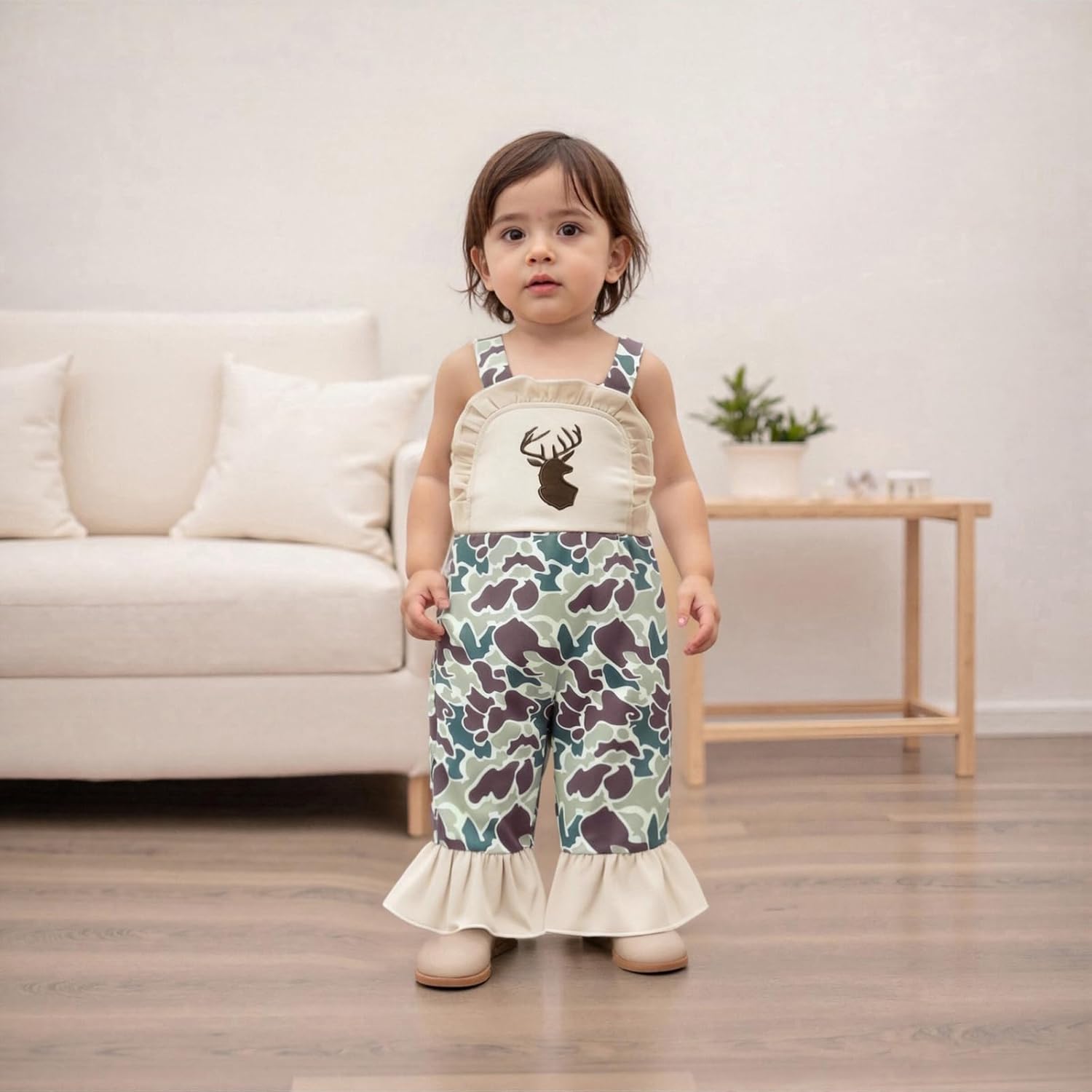 Toddler Baby Girl Hunting Outfit Deer Camo Overalls Bell Bottom Romper Flare Pants Strap Jumpsuit Fall Clothes - Image 2