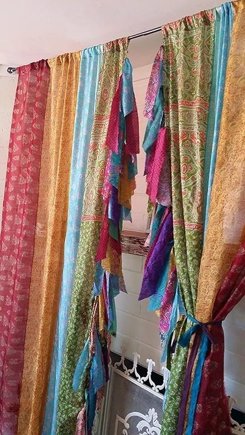 CLEMMY TOUCH 2 PCS of Indian Silk Saree Curtain Window Boho Gypsy Hippy Bohemian Wall Hanging Hippy Room Decor Curtain, Pack of 1