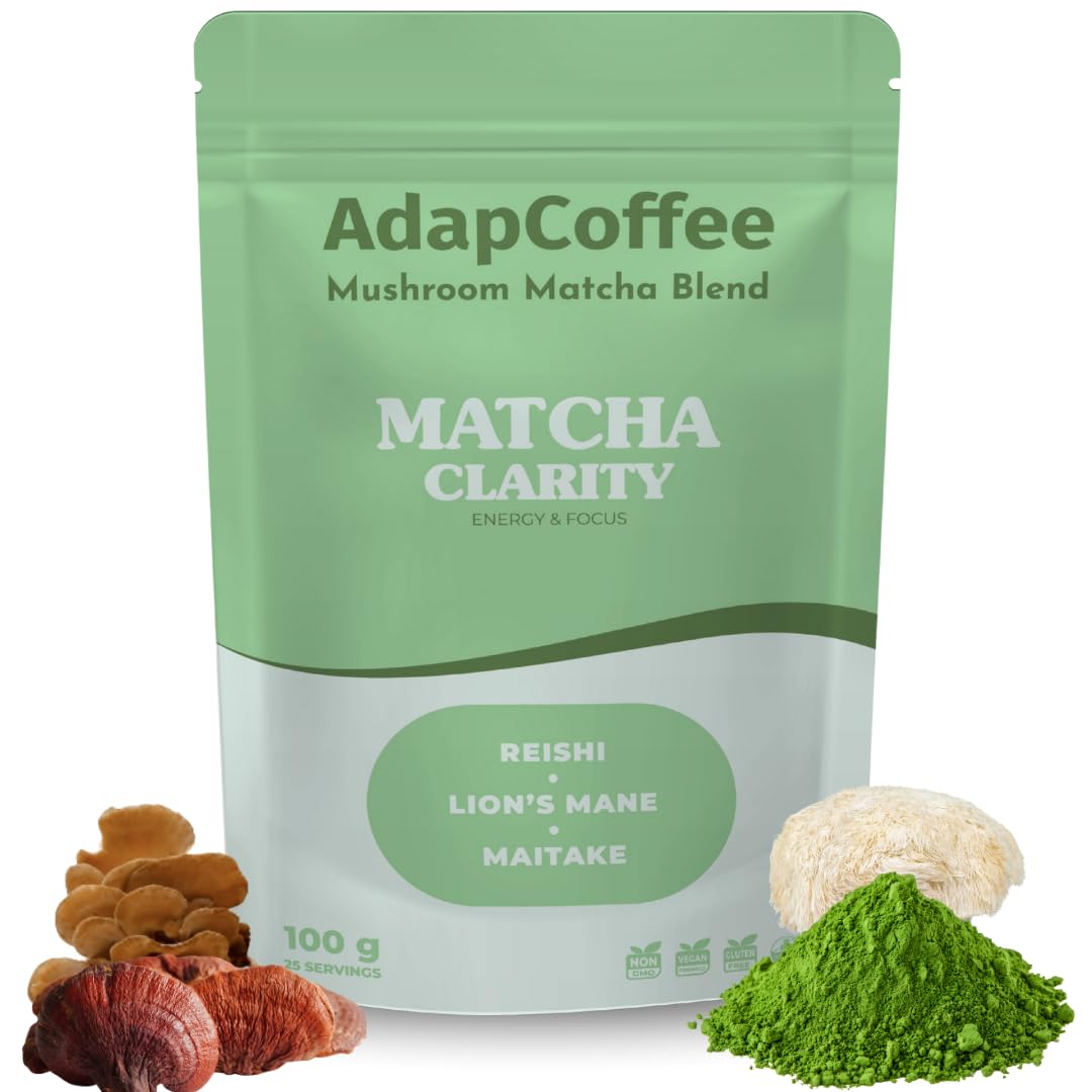 Matcha Clarity – Thé Matcha Cérémonial aux Champignons Adaptogènes – Lion’s Mane, Reishi & Maitake – Énergie Naturelle & Concentration – Vegan, Sans Sucre Ajouté – 25 tasses (100g)
