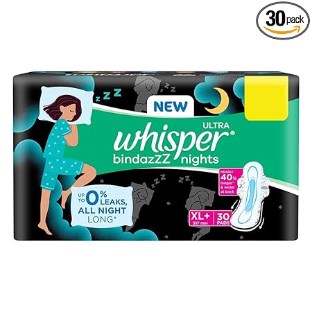 WHISPER BINDAZZZ NIGHTS SANITARY PADS, 30 XL+ PADS, UPTO 0% LEAKS ALL NIGHT LONG, FOR HEAVY FLOW, 40% LONGER & WIDER BACK, COMFORTABLE CUSHIONY SOFT WINGS, DISPOSABLE WRAPPER