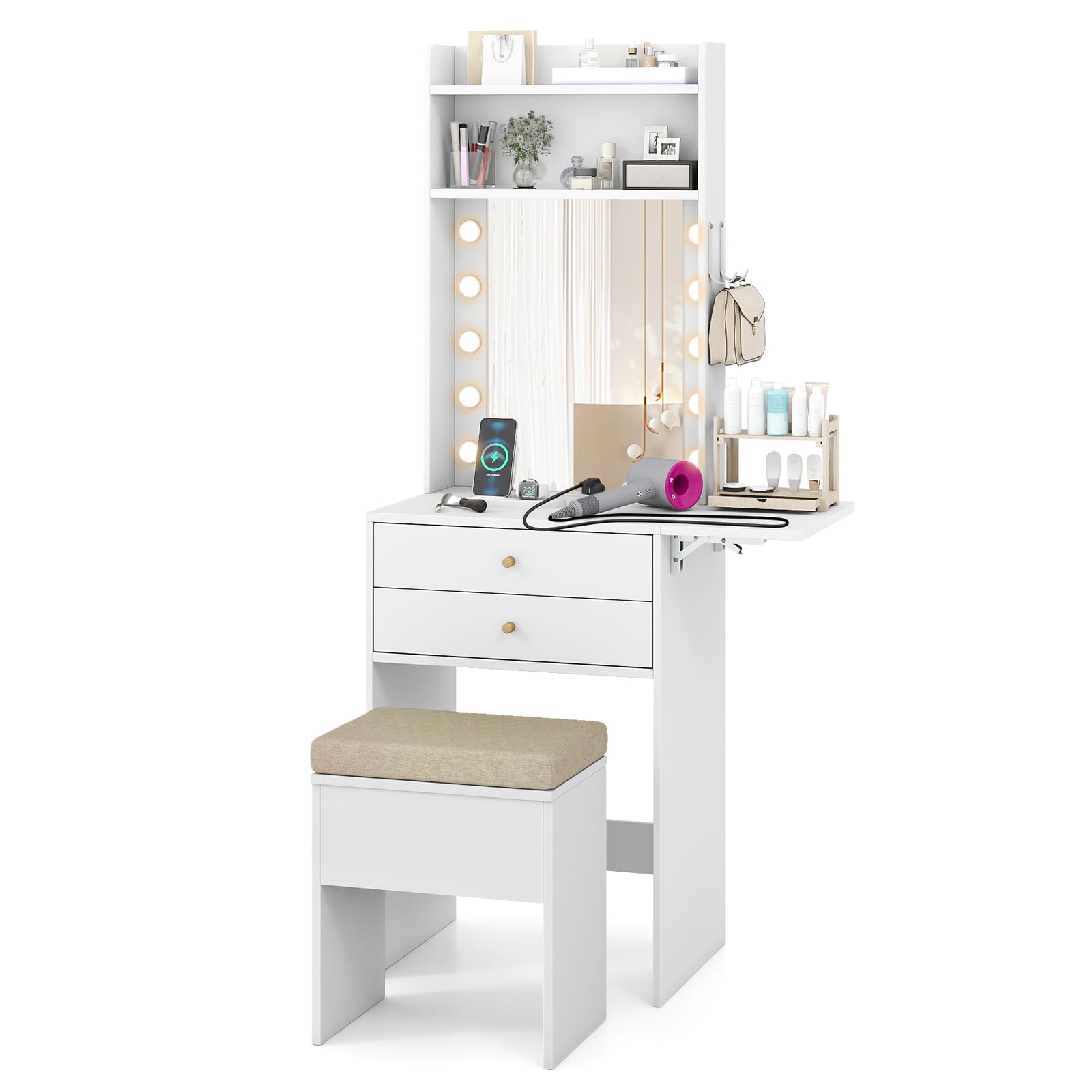 HOMASI Tocador de Maquillaje Grande con Luces LED Regulables y enchufes, Tocador con Espacio de Almacenamiento, Taburete, Estación de Carga, Panel Plegable y 2 Cajones, Blanco, 72 x 39 x 151 cm
