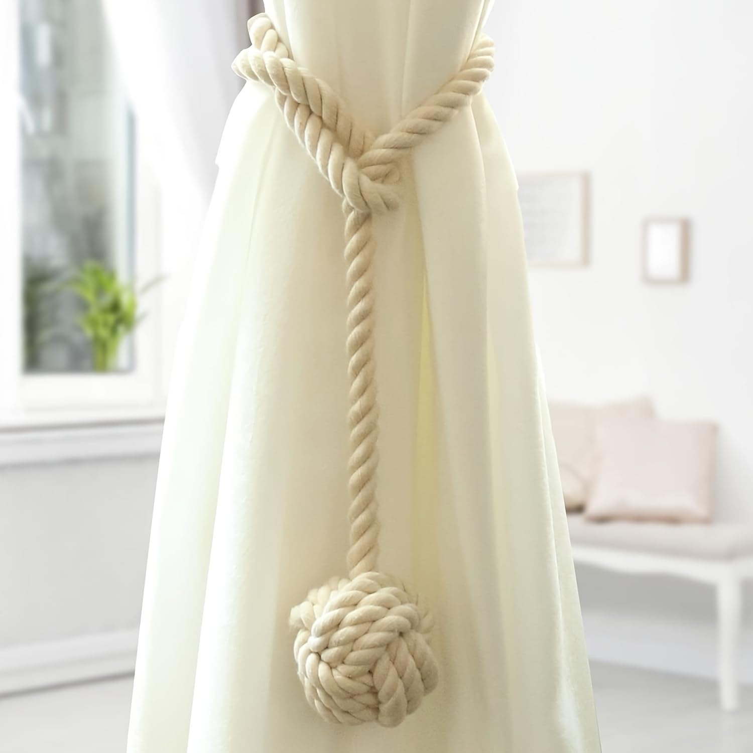 MAKNGRID Vintage Style Cotton Curtain Tiebacks - 2pcs Cotton Rope Window Drapery Holdbacks with Knot Ball Design (Pack of 02) Off White 2