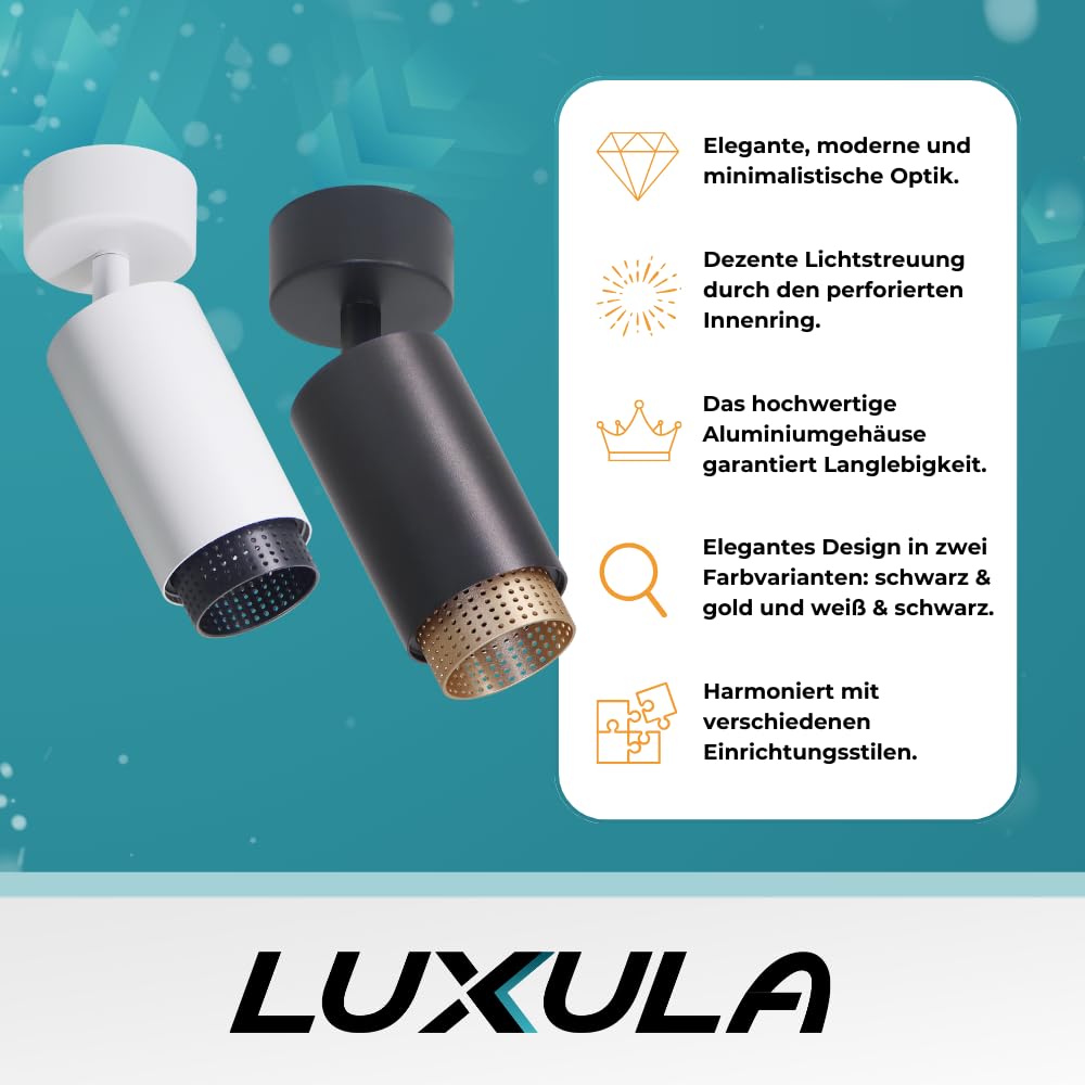 LUXULA LED Deckenleuchte Aufbauspot schwenkbar 1-flammig 10 Stück, GU10, Aluminium, IP20, Aufputz Deckenstrahler/Deckenspot 230V, perforierter Innenring, modernes Design, Weiß/Schwarz