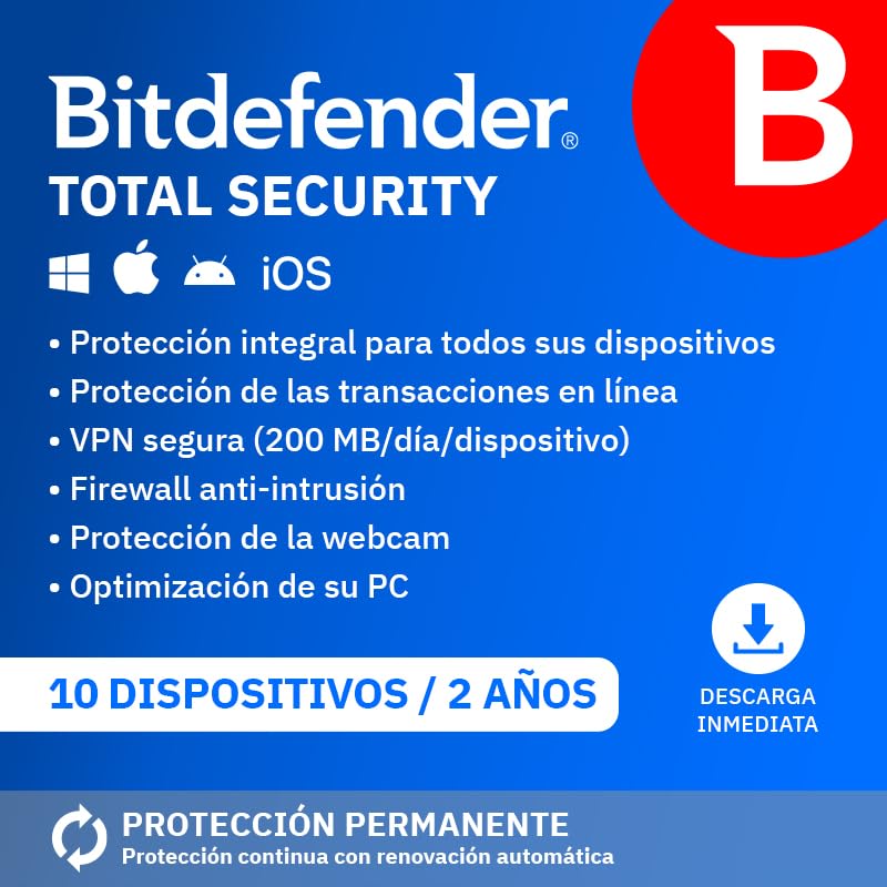 Bitdefender Total Security 2025 | 10 Dispositivos | 2 Años | PC/Mac/iOS/Android | Código de activación por email | Renovación automática