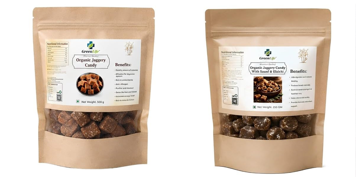 Organic Plain Jaggery Candy 500g | Natural Desi Gur | Chemical Free Traditional Sweet TreatOrganic with Saunf & Elaichi 250g | GreenLife Combo | Total Wei-image-19