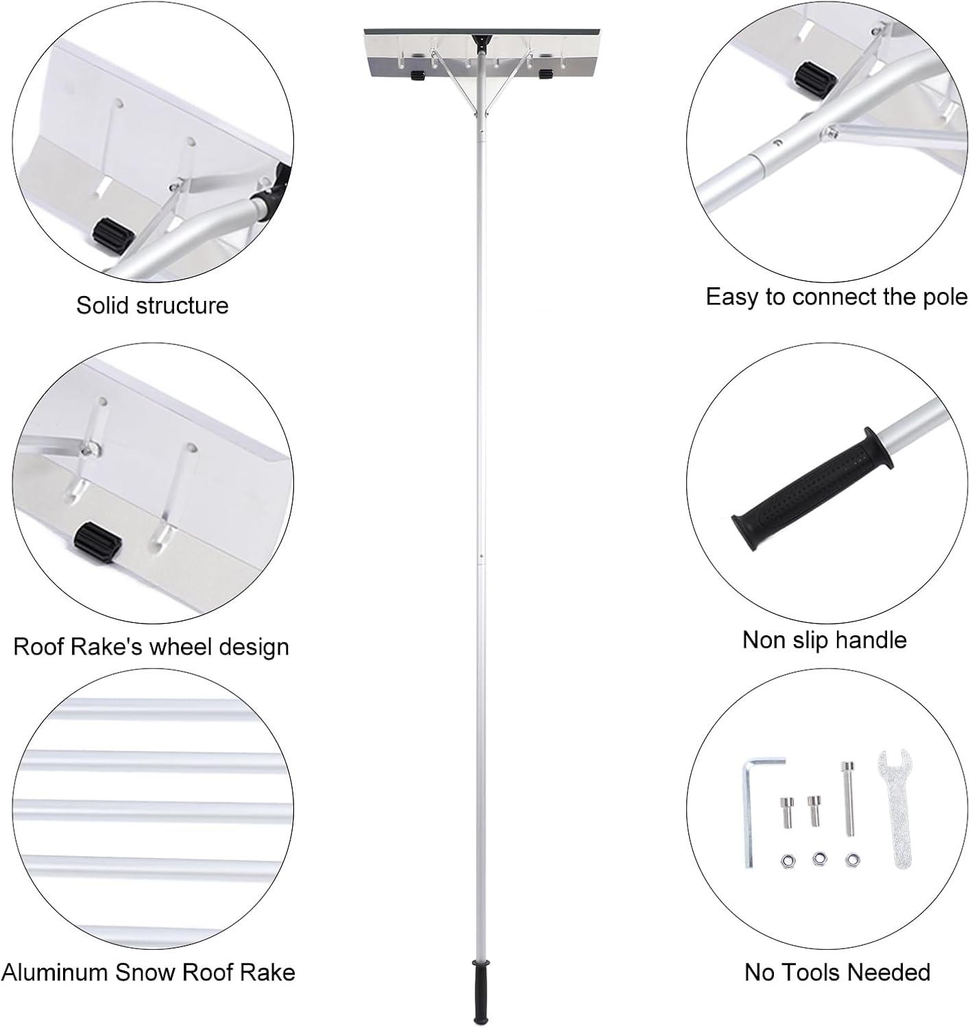 Telescoping Snow Roof Rake Adjustable 20ft Extendable Handle with Wheels Detachable Aluminum for Home and Vehicle Snow Removal