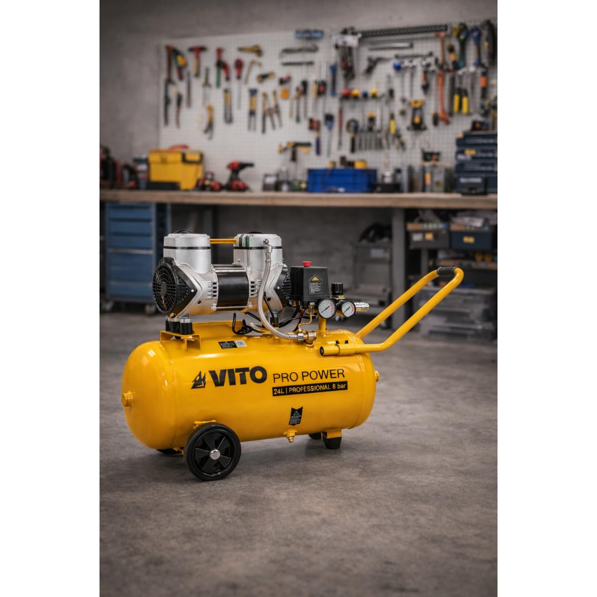 Vito – Compresor de aire portátil silencioso 24L 2CV / 1,5 kW inflador neumáticos para coche, astillero sin aceite, 8 bar