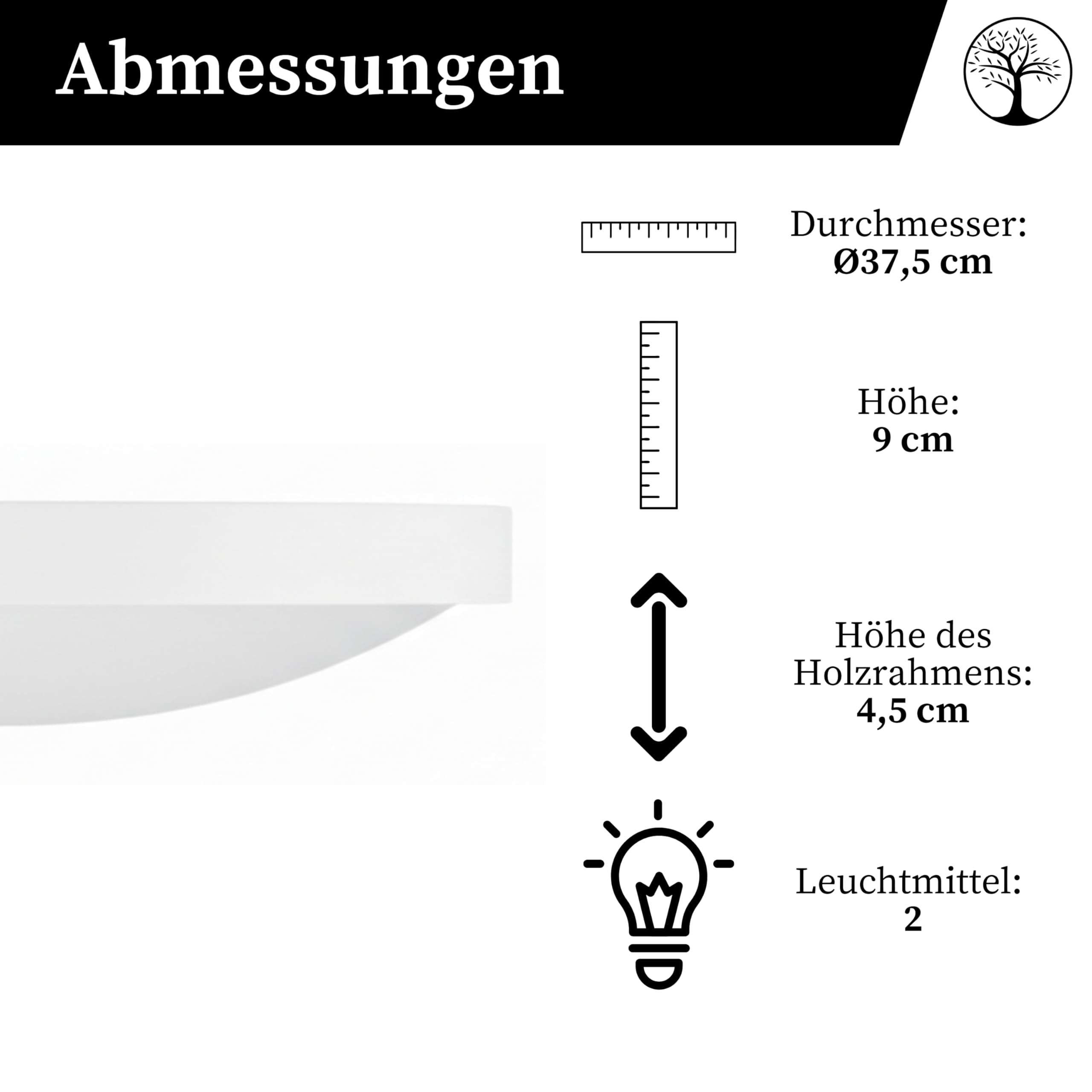 Deckenlampe - Runde Holz Deckenleuchte Weiß 2xE27 (∅37 cm) - Modern Lampe für Schlafzimmer, Wohnzimmer, Flur, Küche - Stilvolle Kiefernholz ORION