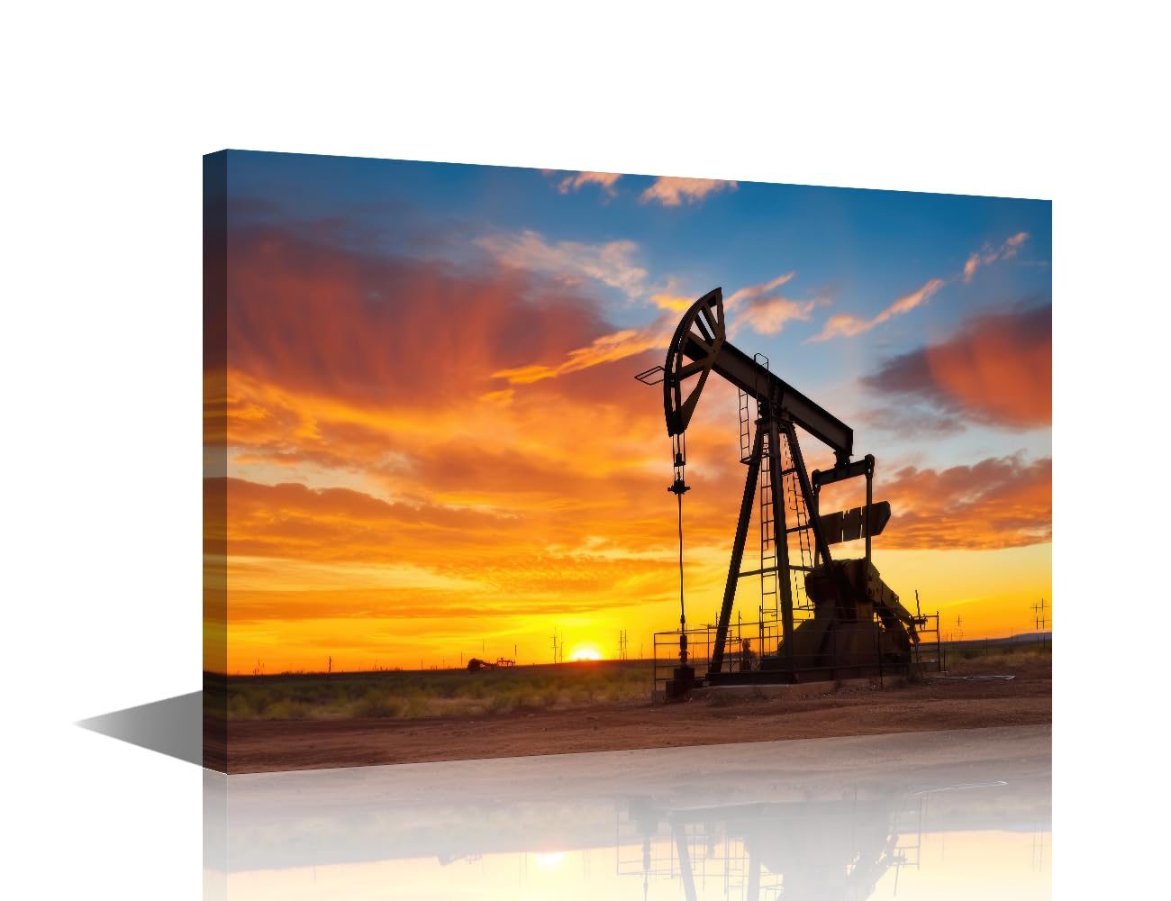 Framed Wall Art Industrial Equipment Wall Art Oil Pumpjack in Operation Against the Sunset Pictures Print on Canvas for Living Room Bedroom Decoration Stretched Framed Gallery-Wrapped 18x12 in