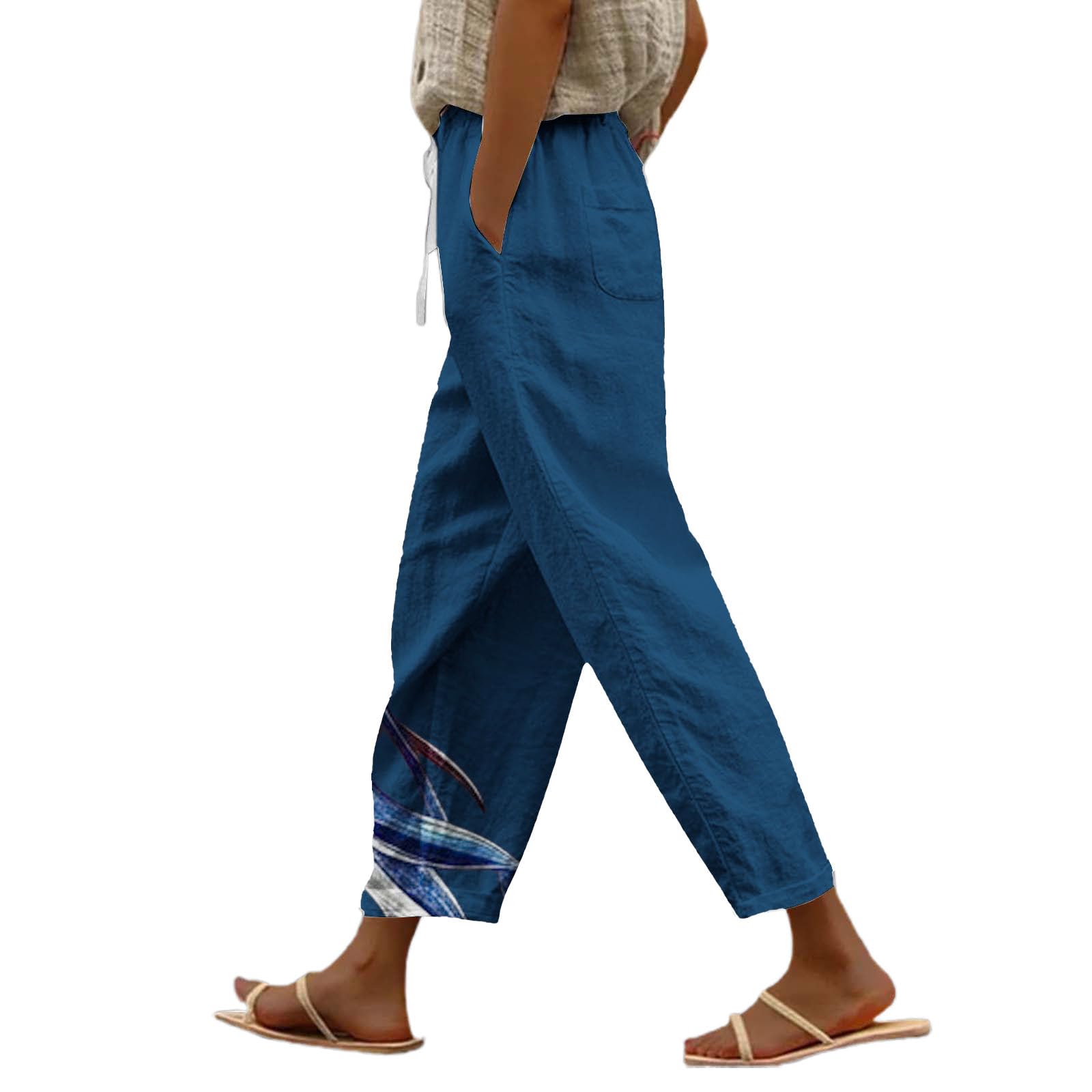 Generisch Pantalon d'été léger pour femme - Imprimé mousseline - Pantalon de loisirs - Pantalon de plage aéré - Pantalon décontracté en lin - Taille haute - Pantalon droit - Pantalon d'été avec poches