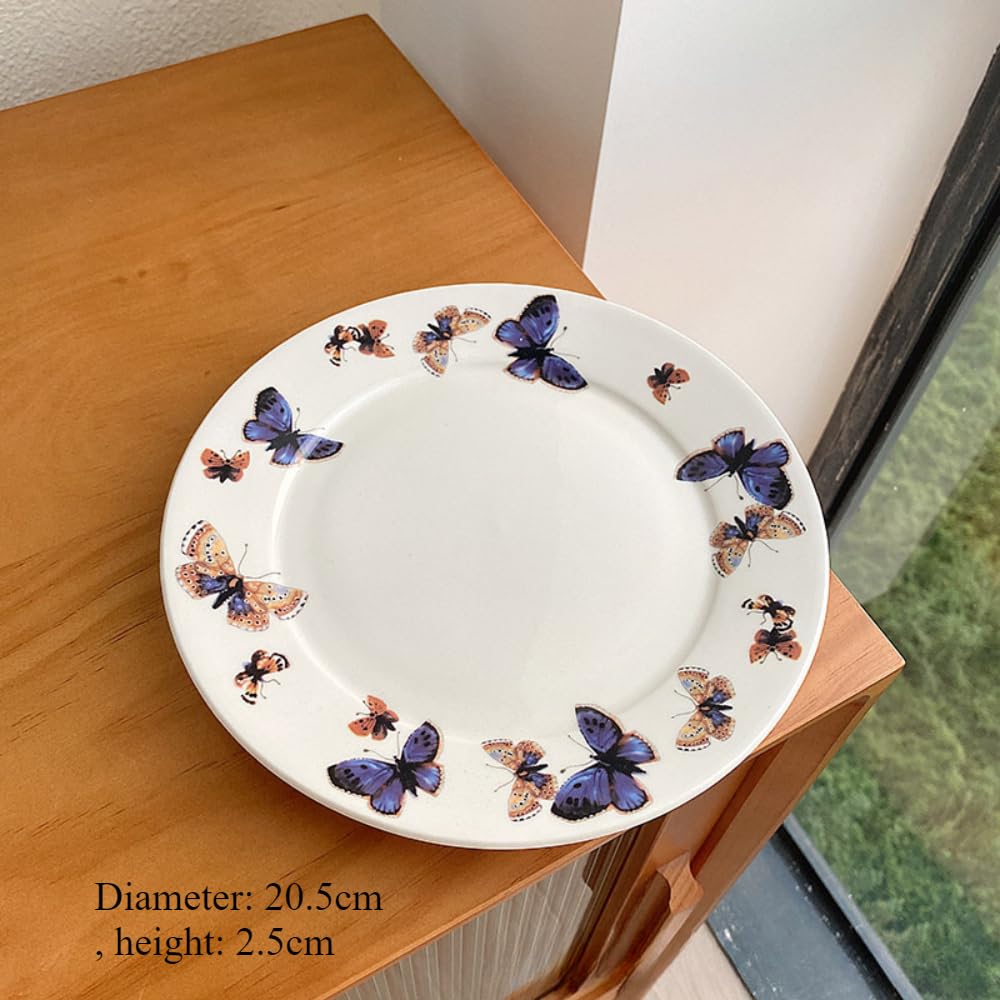 (8 Inches) Flower Plate Ceramic Dessert Cute Dinner Household Snack Breakfast Fruit Salad Pasta (Iris)