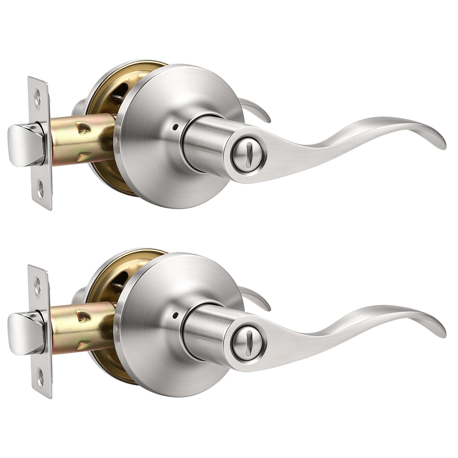 Mengico 2 Pack Satin Nickel Privacy Door Lever, Modern Interior Door Knobs Locks for Bedroom and Bathroom, Heavy Duty Door Handle, Reversible Wave Lever Handle