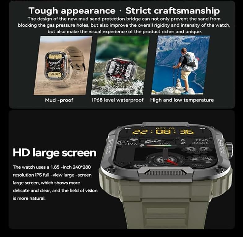 Smartwatch highlighting tough appearance, mud-proof, IP68 waterproof, and high/low temperature resistance
