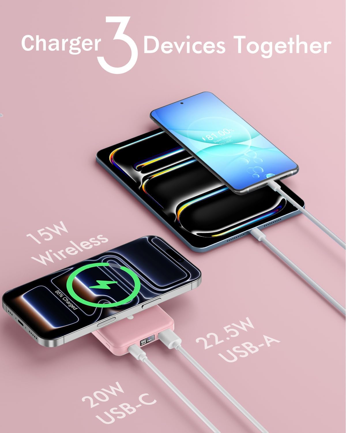 podoru for Magsafe Battery Pack, Foldable 10000mAh Magnetic Power Bank with USB-C Cable LED Display 22.5W PD Fast Charging Wireless Portable Charger for iPhone 17/16/15/14/13/12 Series-Pink