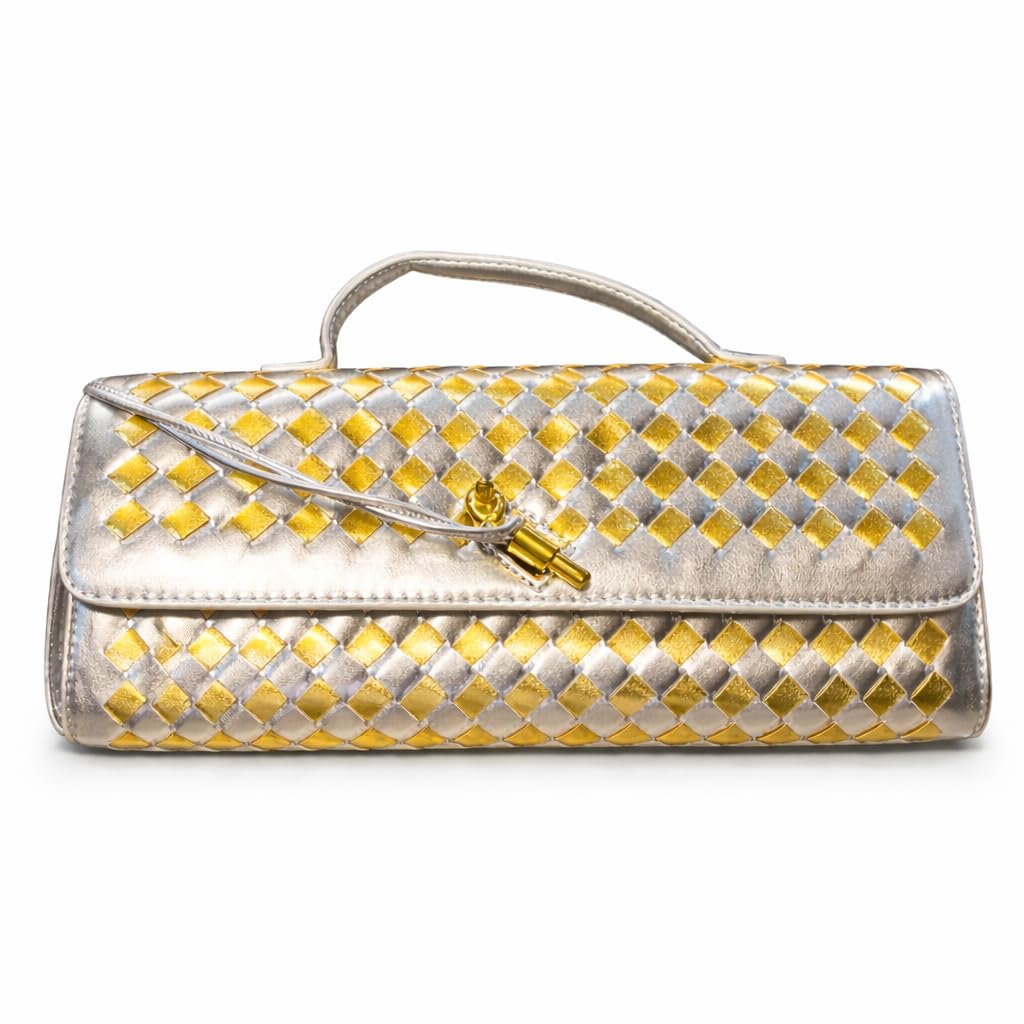 Women Crystal Clutch Bag | Gold & Silver Embellished Evening Handbag with Metal Closure | Compact Party Purse with Handle & Sling | Wedding Cocktail Festive Occasion Bag for Women-image-47