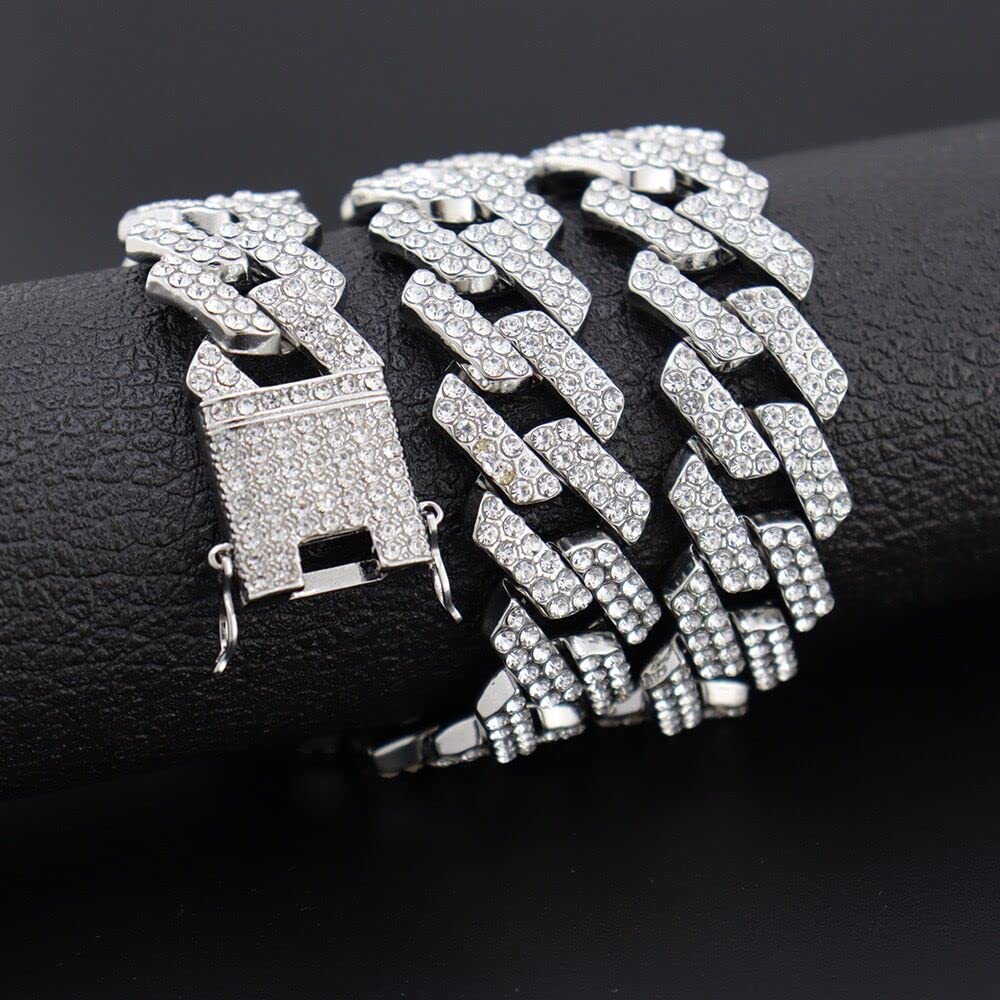 Męski łańcuszek hip-hopowy Utoruj ustawienie Rhinestone Męskie mrożone łańcuszki rombowe - białe, 60 cm