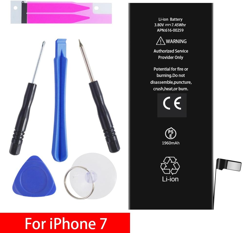 iPhone 7 Battery Replacement Kit, Complete Repair Tools Kit & Adhesive, High Capacity(1960mAh) Brand New Battery 0 Cycle - [12-Month Warranty]