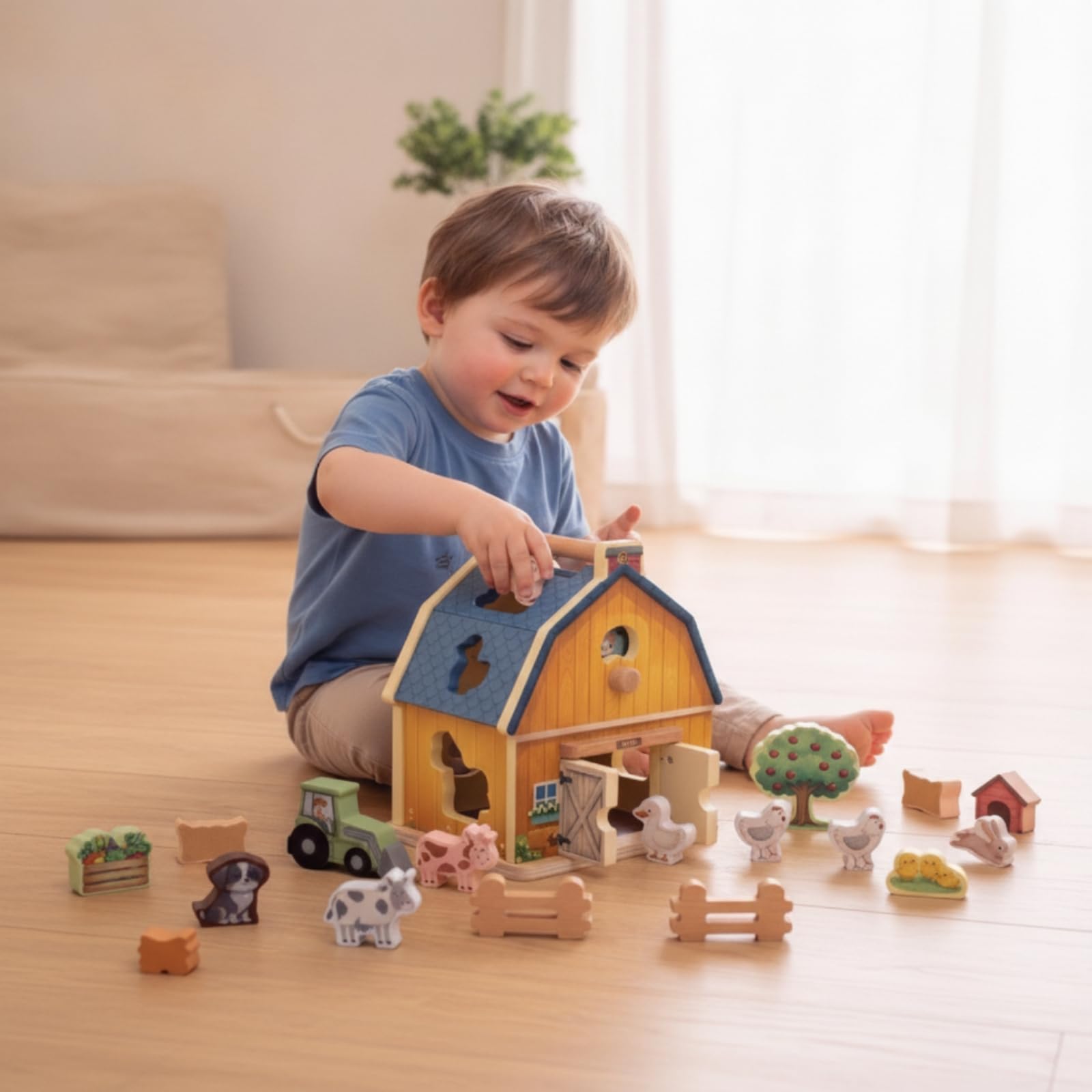 Sharplace Granja de Madera para Niños Juguete Infantil Granero Tractor Remolque Figura de con Puertas Abatibles y Clasificador de Formas Adecuado para Preescolar Guardería Sala de Juegos
