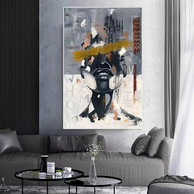 Tableau abstrait visage de jeune fille dorée grand format 80x120
