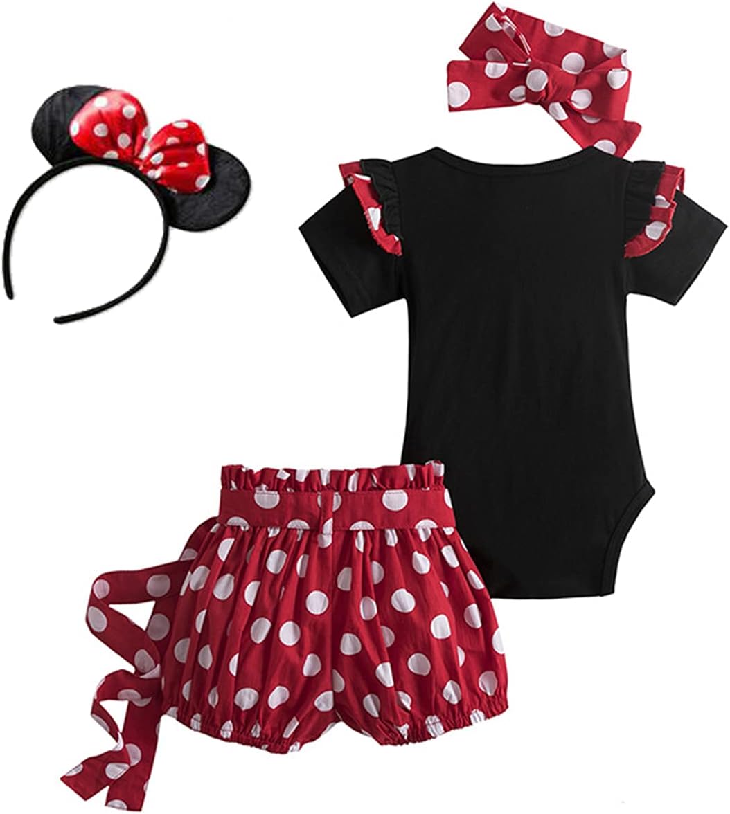 Girls Ruffle Sleeves Romper Top+Polka Dots Shorts Pants Princess Set with red and white polka dot bowknot & a minnie hair band Birthday Outfit Summer Boutique Clothes