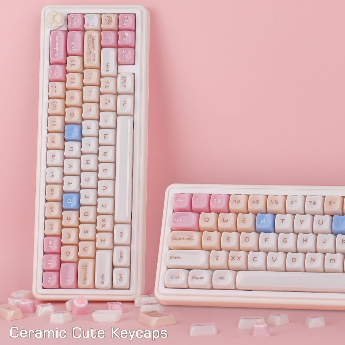 Ceramic Jade Ragdoll Cat Keycaps, 148 Keys Translucent Pink Jelly Cute Keycaps Mao Profile Creamy Custom Keycap for Cherry Gateron MX Swithes Mechanical Keyboards