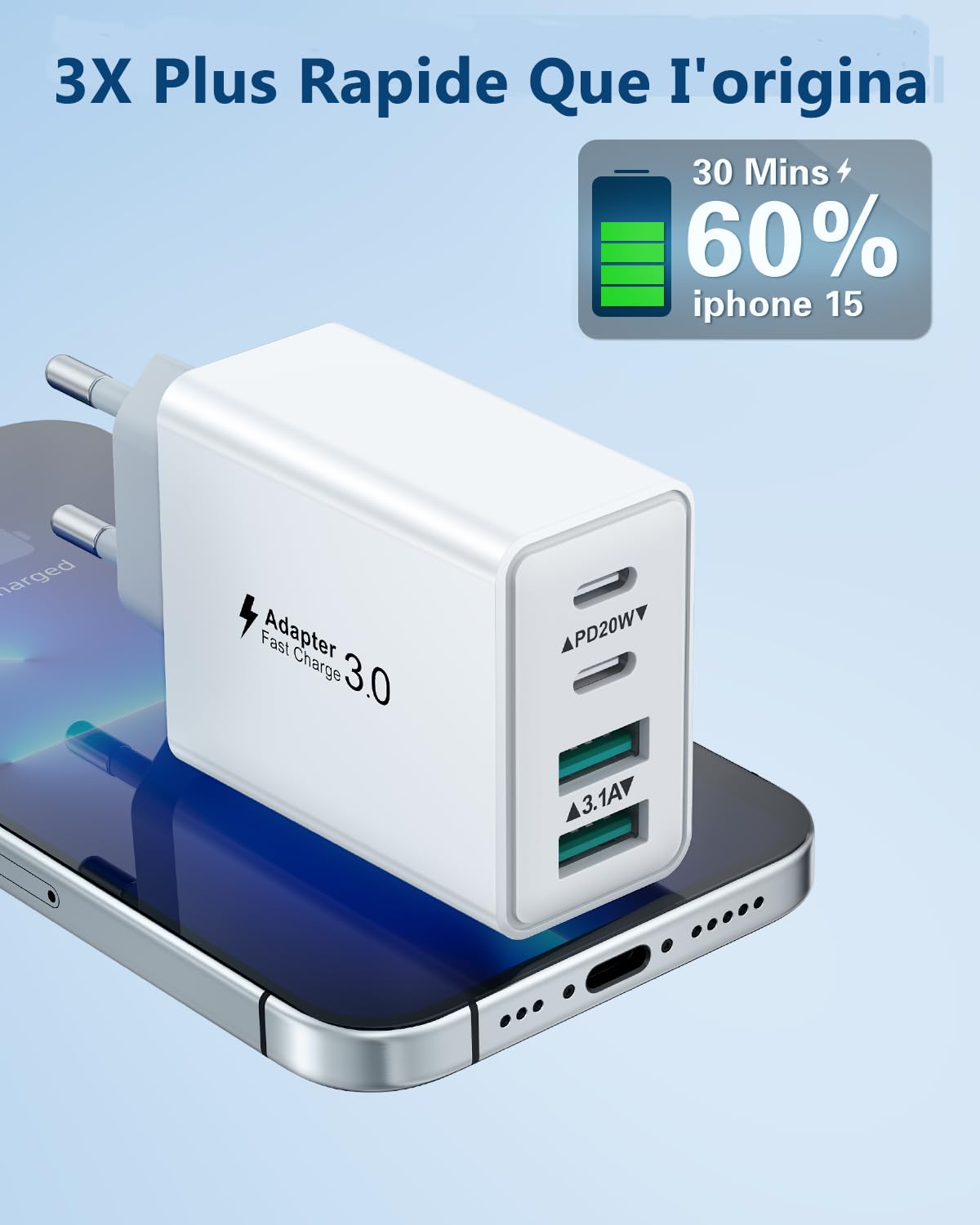 Chargeur USB C 40W 4 Port Prise Rapide Secteur PD QC 3.1A Adaptateur pour iPhone Samsung Galaxy iPad