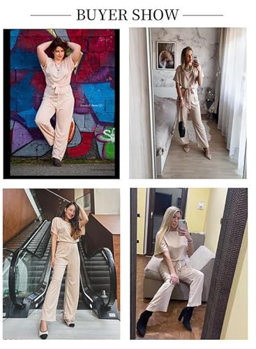 Dokotoo Wide Leg Jumpsuits For Women Casual Loose Short Sleeve Crew Neck Long Pants Belted Large Apricot #TOP4