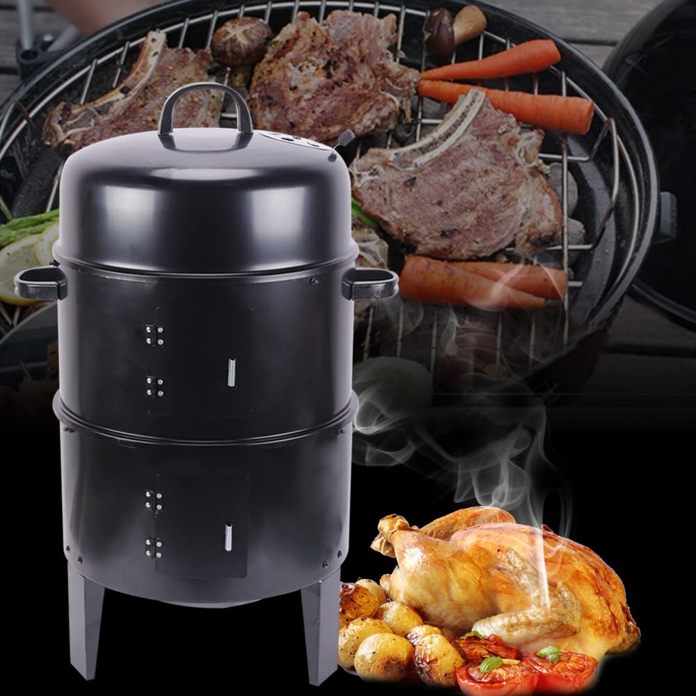 2 capas 3 en 1 para ahumar portátil, horno ahumador, parrilla con termómetro, 2 cuencas de esmalte, adecuado para carne a la parrilla, tocino, salami, alitas de pollo y otras delicias