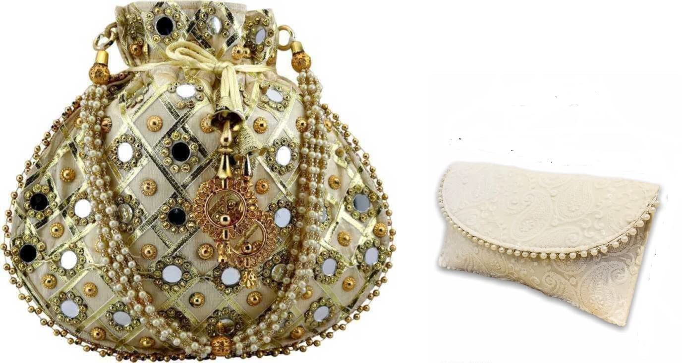 Rajsthani Handicrafts Handmade Decorative Pure Silk Jaipuri Resham combo Potlis with mini white clutch handbag (B09MJJ2SS9) Amazon Price History, Amazon Price Tracker