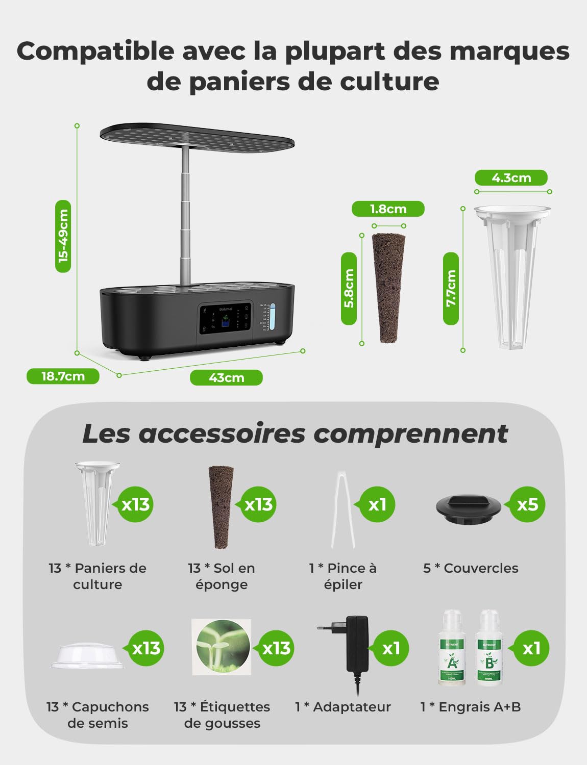Potager d'intérieur 13 Pots avec Lampe Culture LED, Minuterie Automatique, Hauteur Réglable, Noir