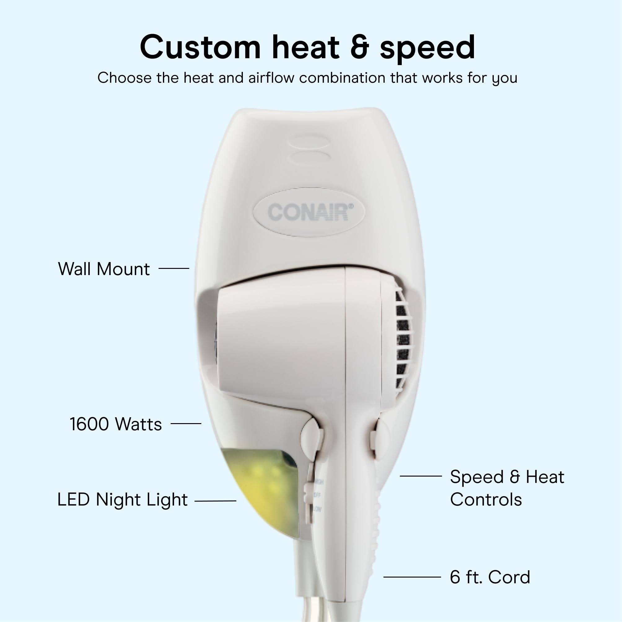 Conair Wall Mount Hair Dryer with LED Night Light, 1600W, White