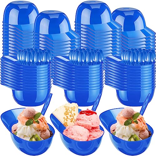 Bowl With Spoons 8 Oz Mini Ice Cream Dessert Baseball Cap Bowls Plastic Helmet Chip Snack Cups For Party Supplies (blue)
