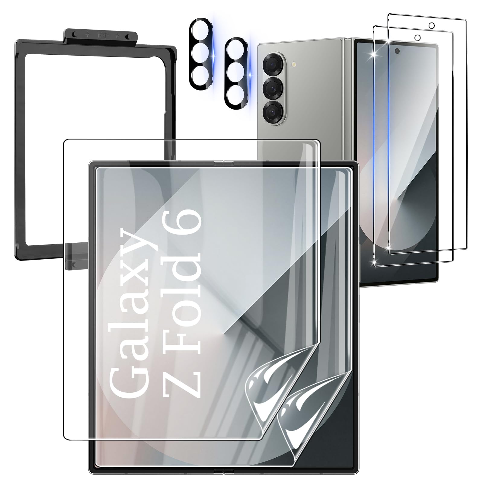 CWQZGUF [2Set 6PCS] Galaxy Z Fold 6 5G Screen Protector, 2 Inner TPU Film + 2 Outer Tempered Glass + 2 Camera Lens Protecter with Positional Mouting Frame, Bubble Free for Samsung Galaxy Z Fold 6 5G