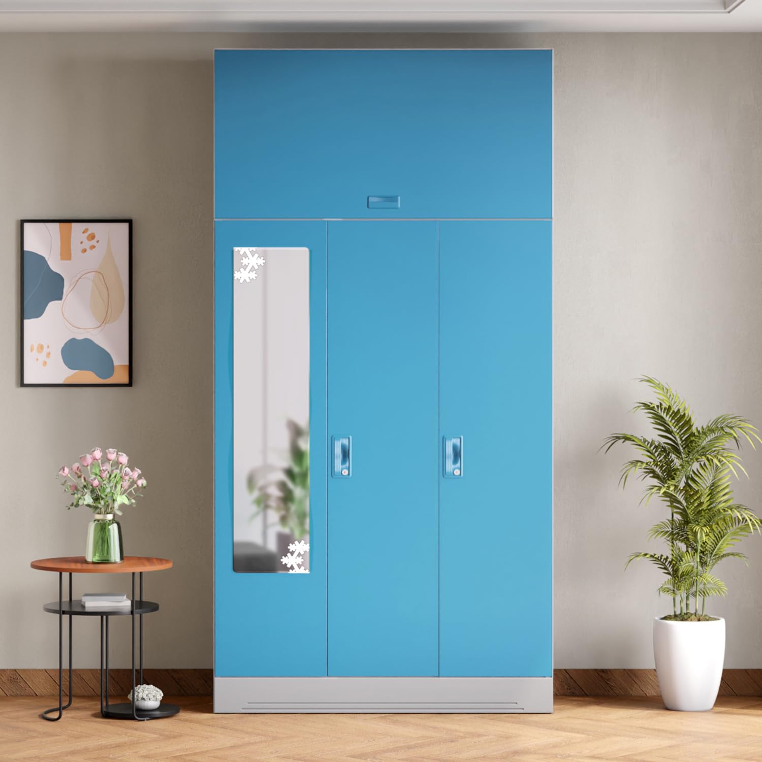 GODREJ INTERIO Slimline 3 Door Steel Almirah (Royal Ivory and Milky Blue) 1 Year Warranty, 7 Shelves, with OHU, 1 Locker, M2 Mirror