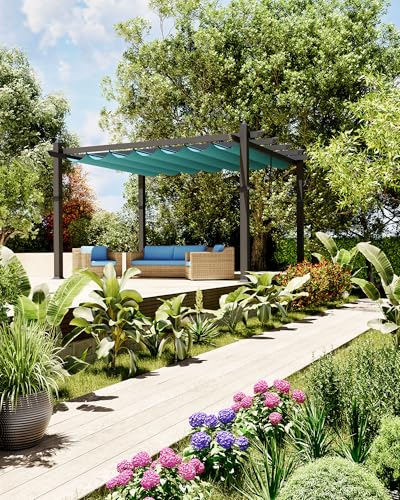 Image of KYBOLT 10x13 Ft Aluminum Pergola with Retractable Canopy Metal Gazebo for Garden Backyard Deck Porch Grape Trellis(Blue)