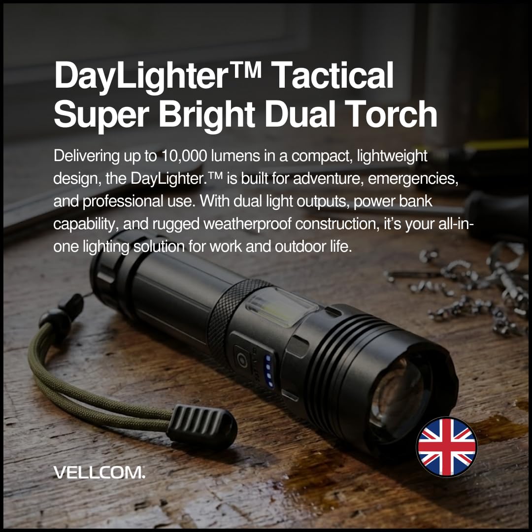 DayLighter™ Lampe torche tactique LED 1800 lumens – Rechargeable et alimentée par piles avec batterie externe, double modes d'éclairage, faisceau de mise au point, IP65 résistant aux