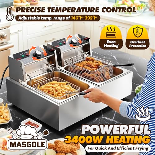 Image of Commercial Deep Fryer with Basket, 21.2QT 3400W Large Electric Stainless Steel Countertop Fryer, for Home and Restaurant Use, 20L